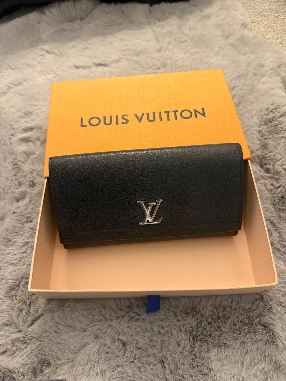 Louis Vuitton Black Leather Continental Wallet with Silver LV Emblem lock me